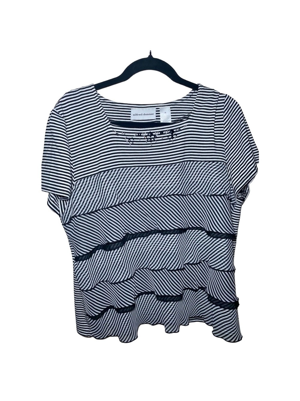 Alfred Dunner Shirt Womens Large Black White Short Sleeve Stretch Layered Ladies